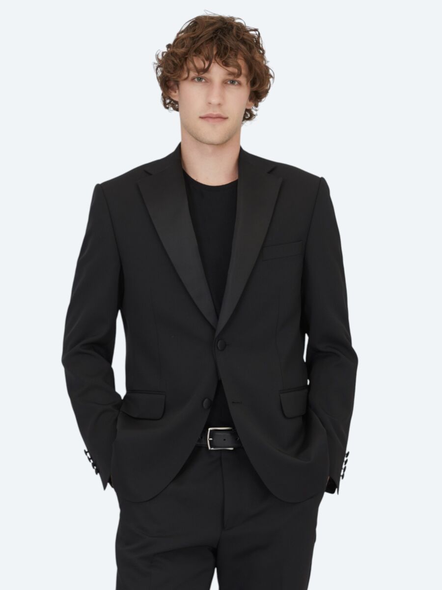 Siyah Modern Fit Çıkarılabilir Mono Yaka Dokuma Smokin Takım Elbise - 1