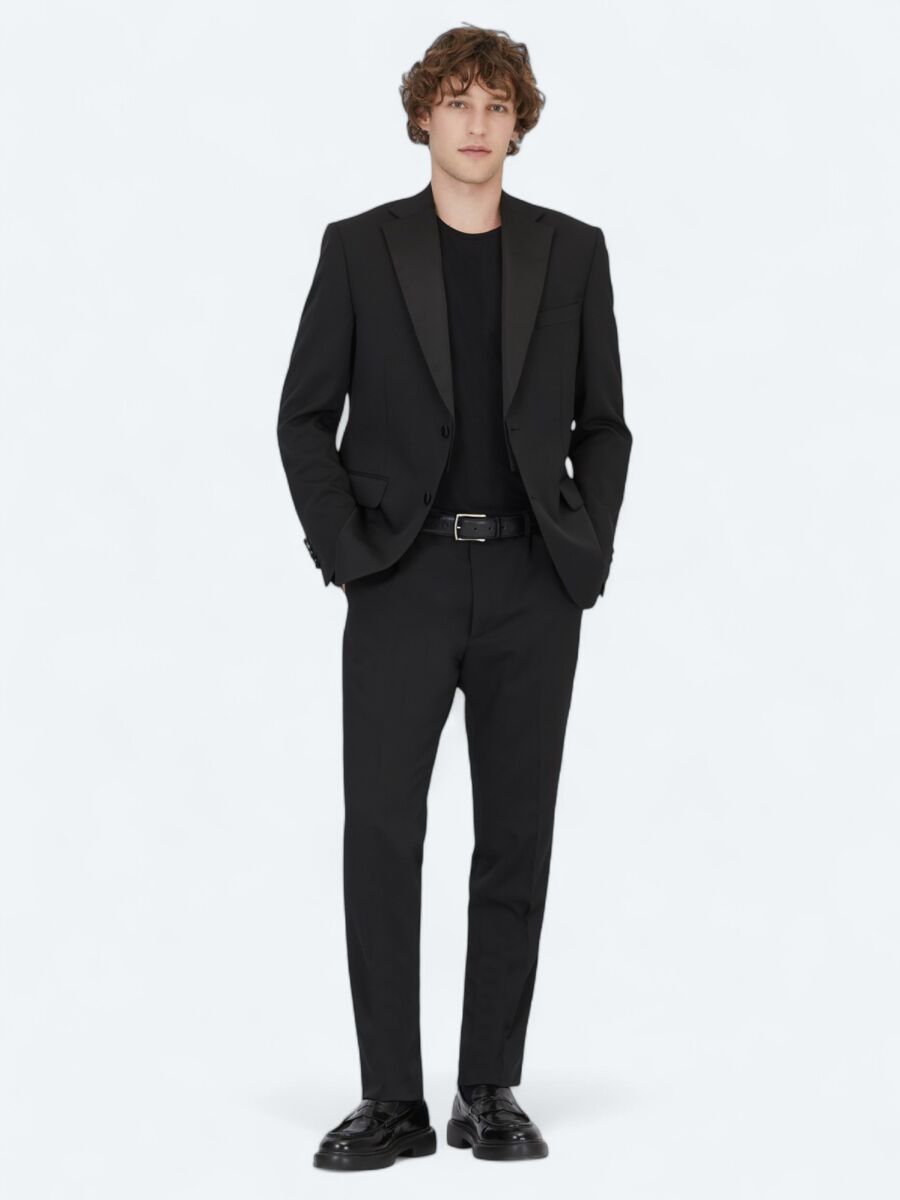 Siyah Modern Fit Çıkarılabilir Mono Yaka Dokuma Smokin Takım Elbise - 2