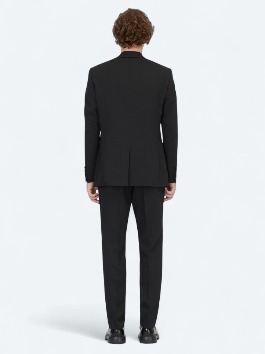 Siyah Modern Fit Çıkarılabilir Mono Yaka Dokuma Smokin Takım Elbise - 5