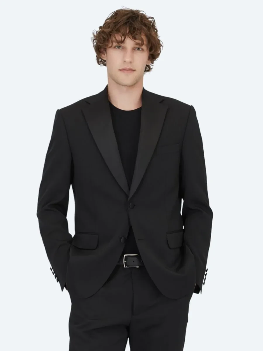 Siyah Modern Fit Çıkarılabilir Mono Yaka Dokuma Smokin Takım Elbise - 1