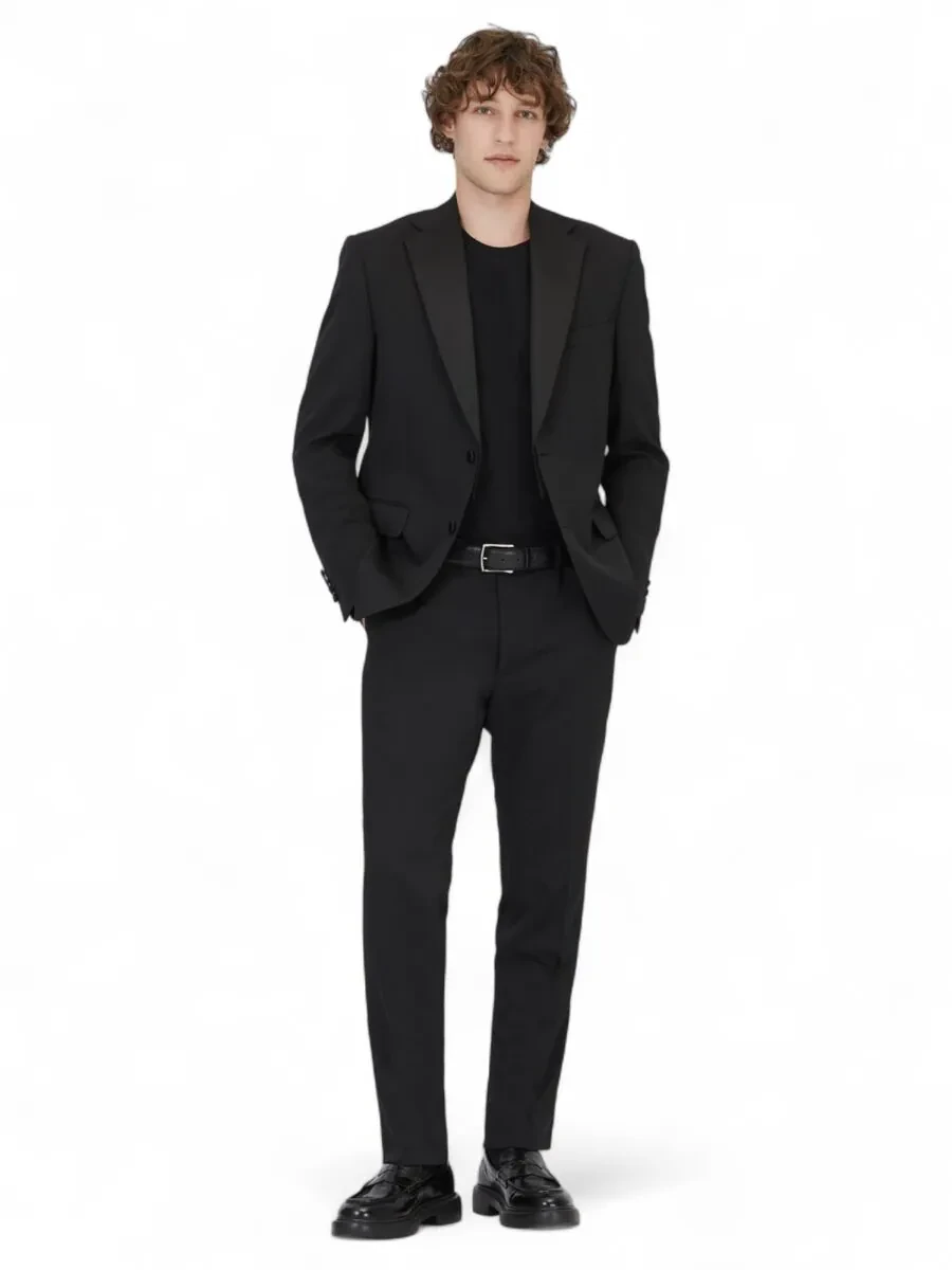 Siyah Modern Fit Çıkarılabilir Mono Yaka Dokuma Smokin Takım Elbise - 2
