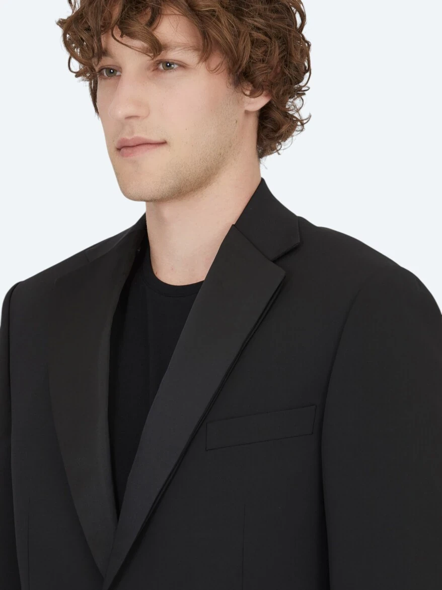 Siyah Modern Fit Çıkarılabilir Mono Yaka Dokuma Smokin Takım Elbise - 4