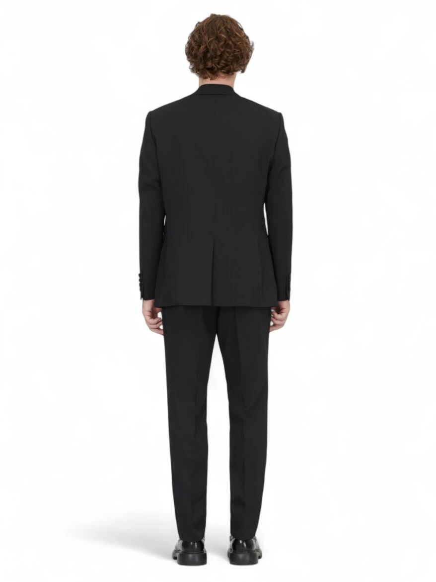 Siyah Modern Fit Çıkarılabilir Mono Yaka Dokuma Smokin Takım Elbise - 5