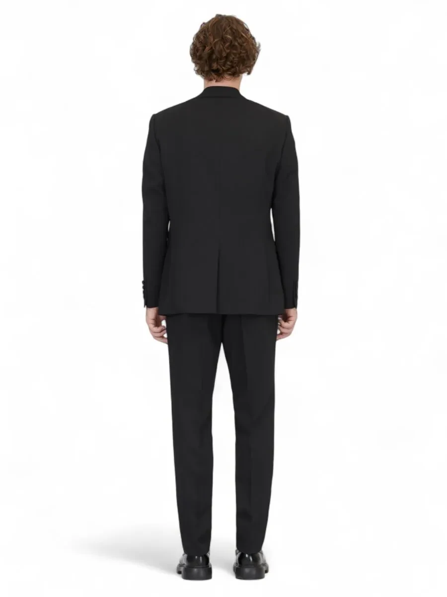 Siyah Modern Fit Çıkarılabilir Mono Yaka Dokuma Smokin Takım Elbise - 5