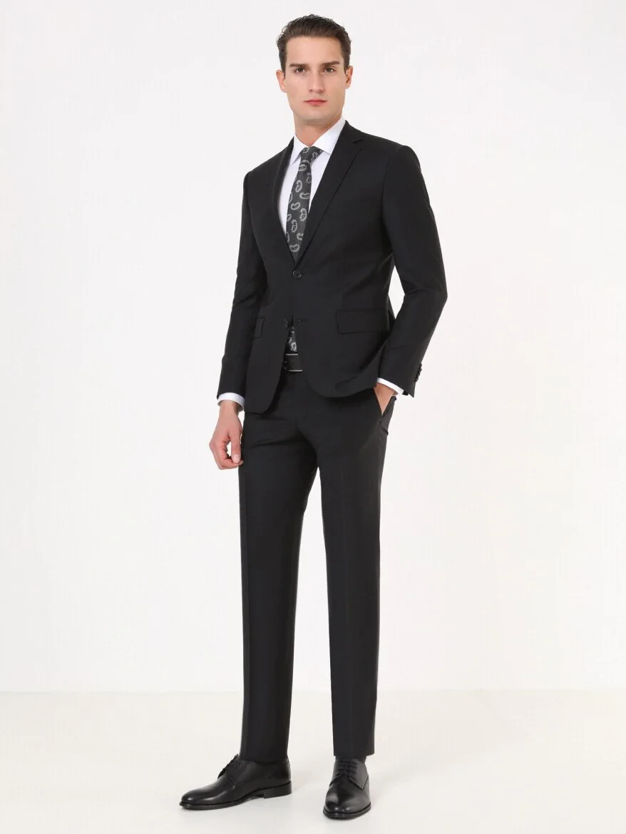 Siyah Modern Fit Yün Karışımlı Takım Elbise - 1