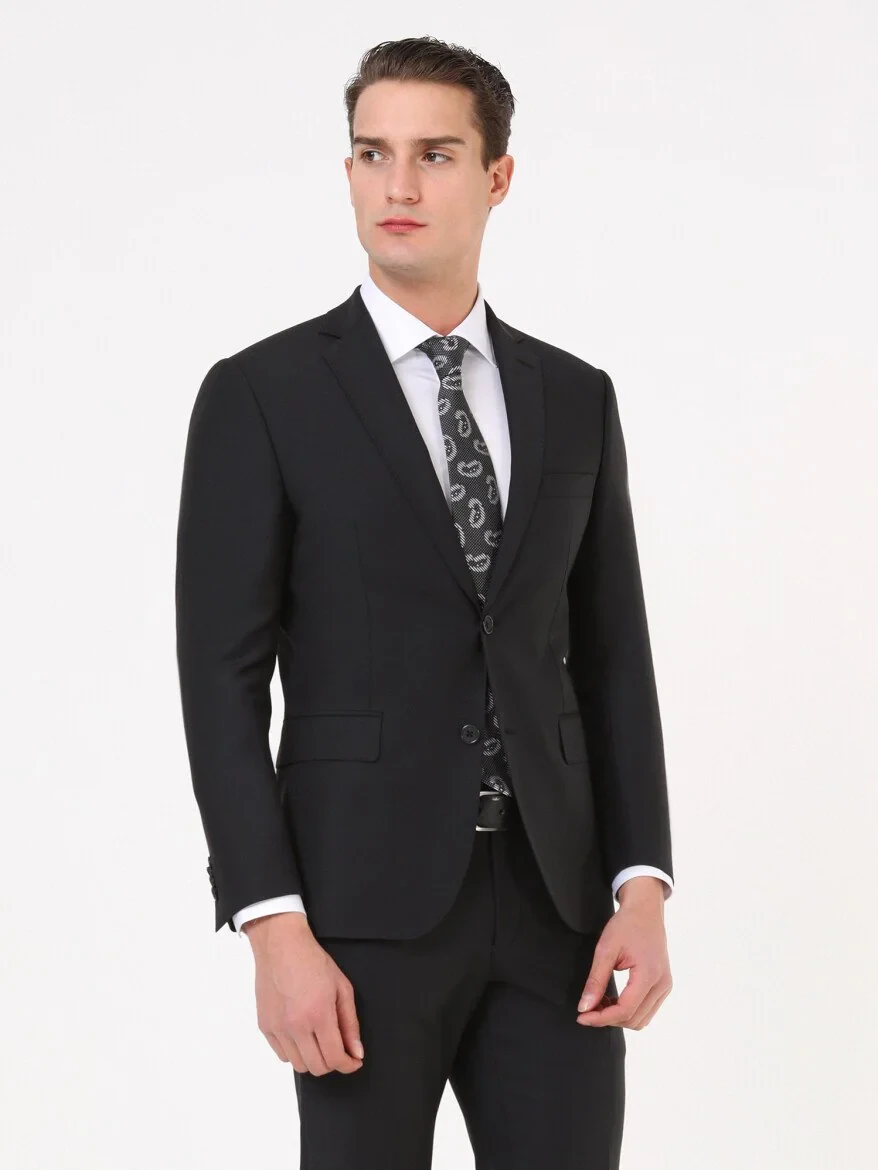 Siyah Modern Fit Yün Karışımlı Takım Elbise - 3