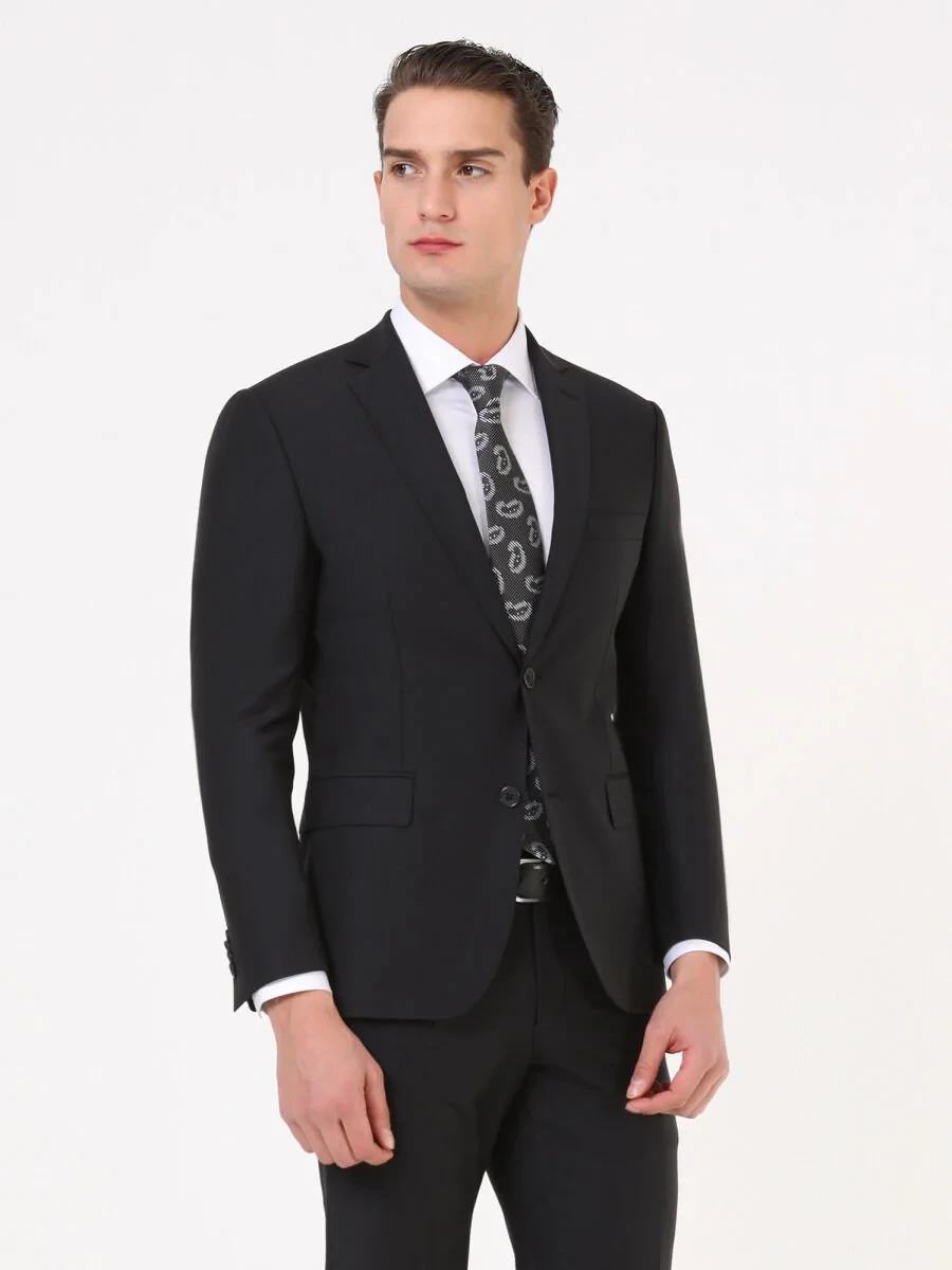 Siyah Modern Fit Yün Karışımlı Takım Elbise - 3