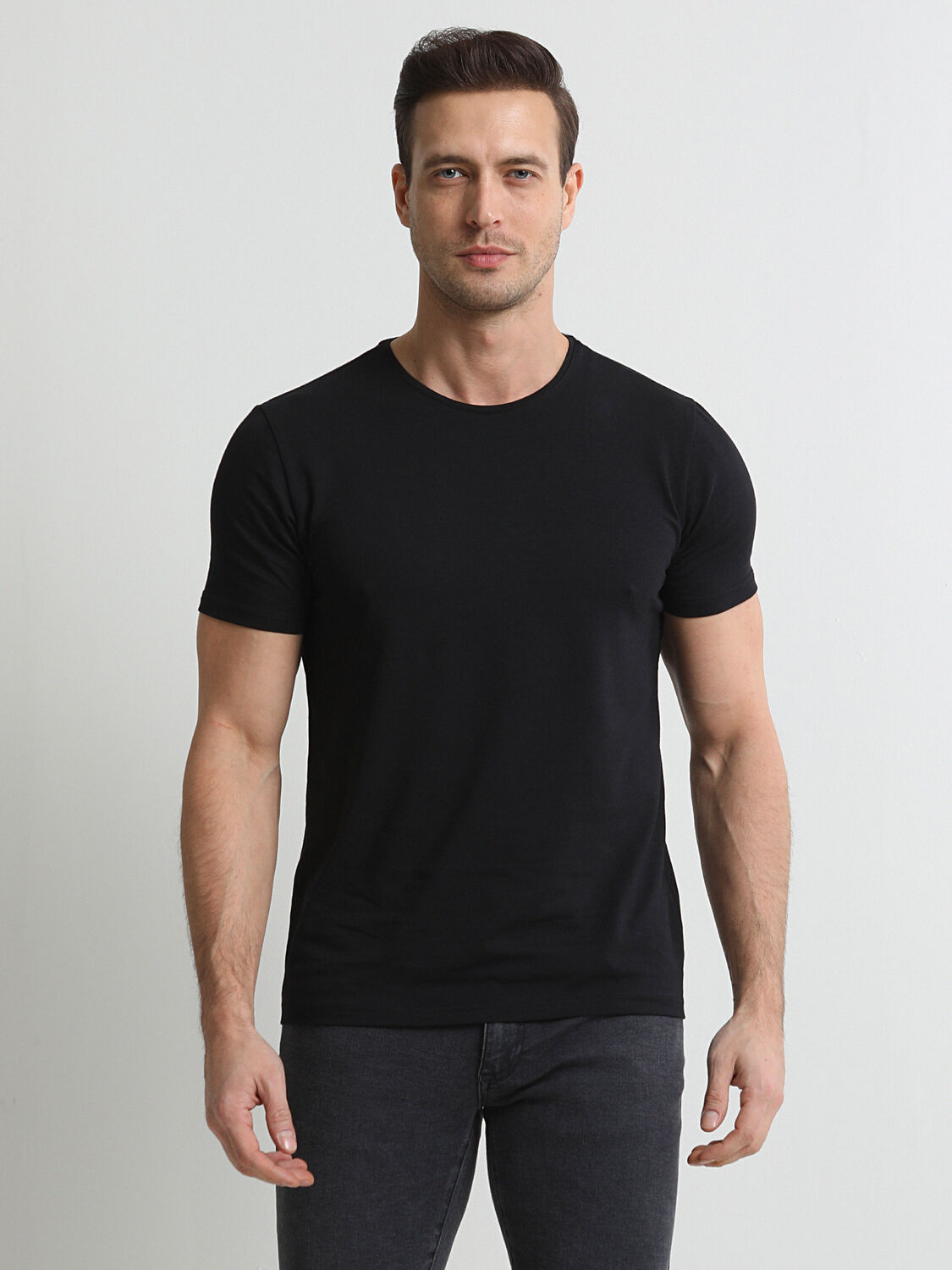 Siyah Pamuk Karışımlı T-Shirt - 1