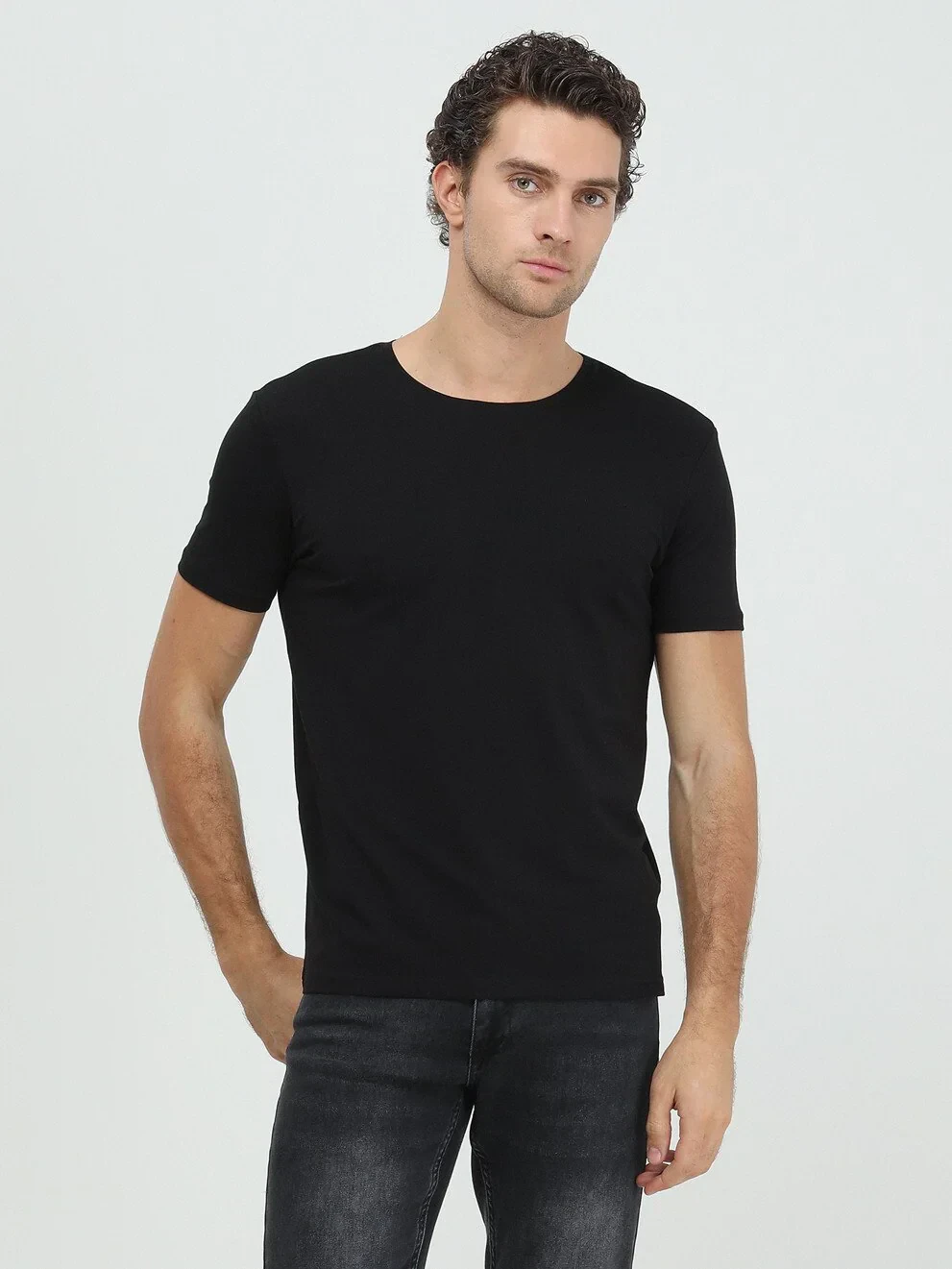 Siyah Pamuk Karışımlı T-Shirt - 4
