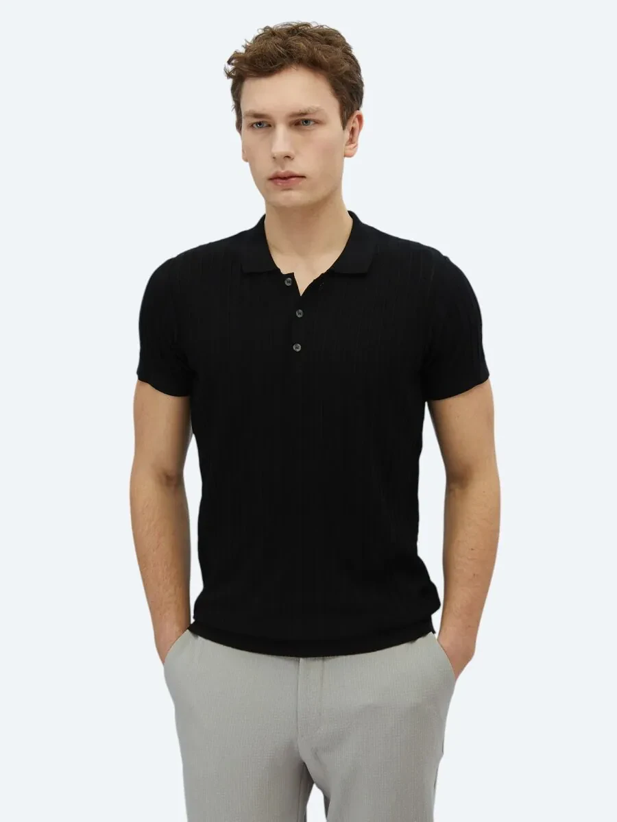 Siyah Polo Yaka Desenli Triko - 1