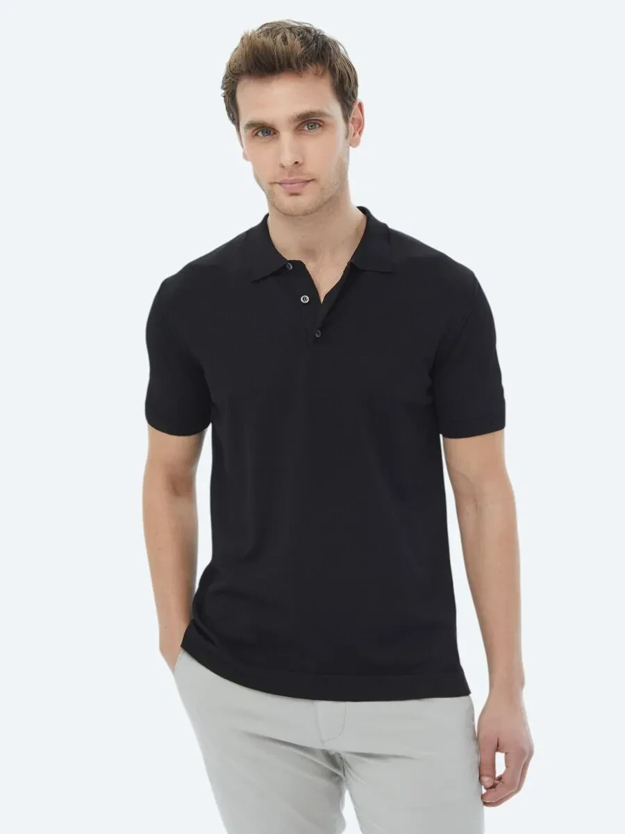 Siyah Polo Yaka Düz Örgü Triko - 1