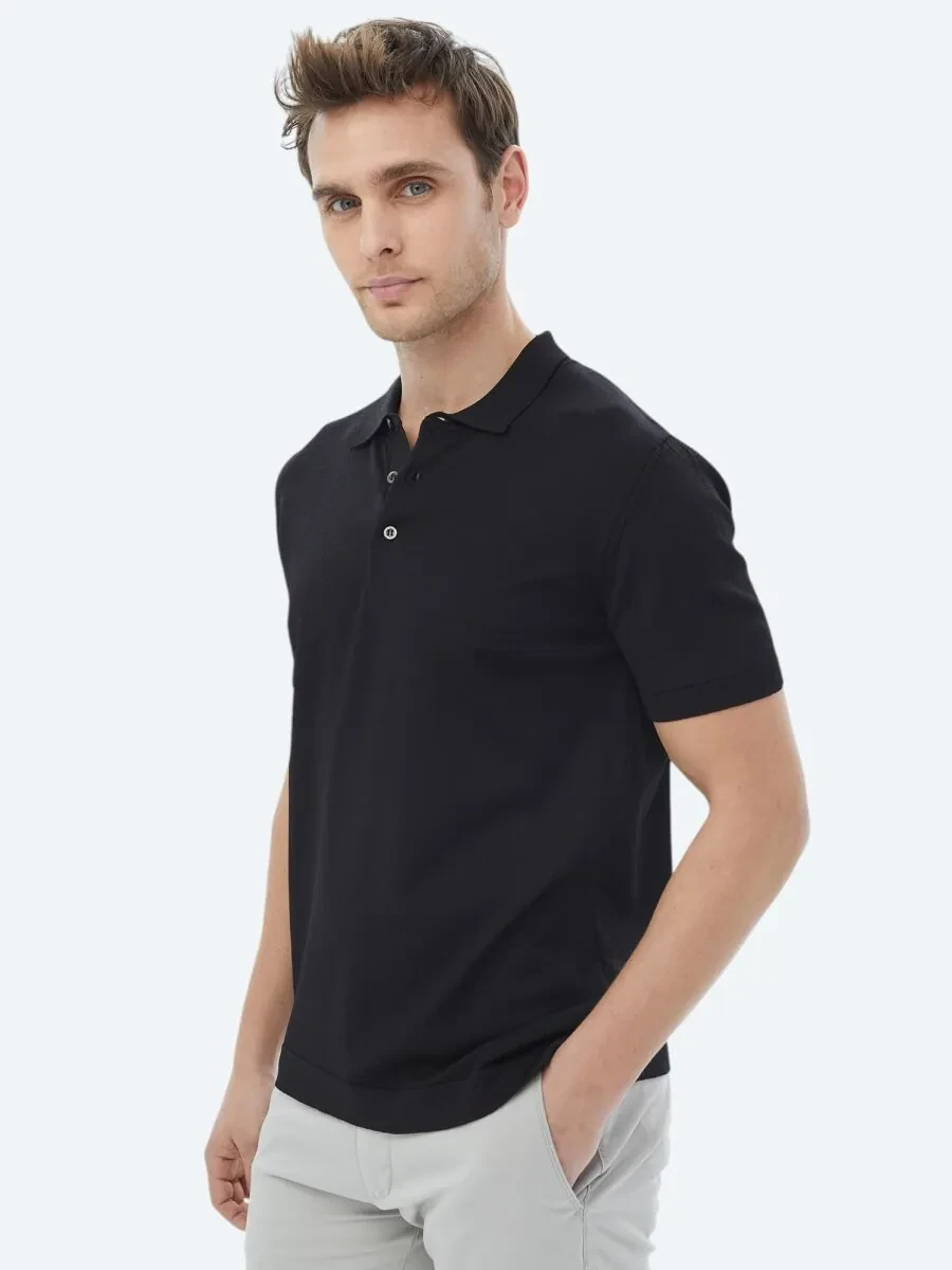 Siyah Polo Yaka Düz Örgü Triko - 5