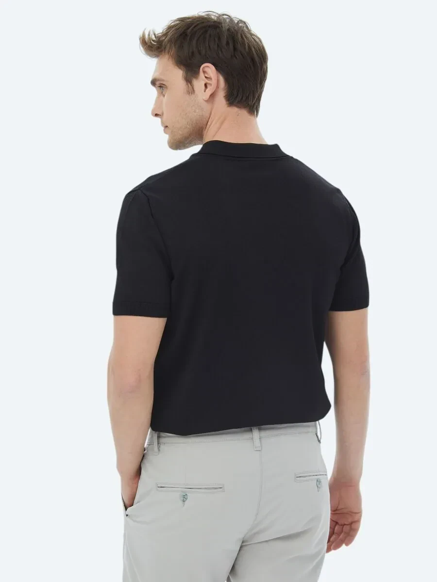 Siyah Polo Yaka Düz Örgü Triko - 10