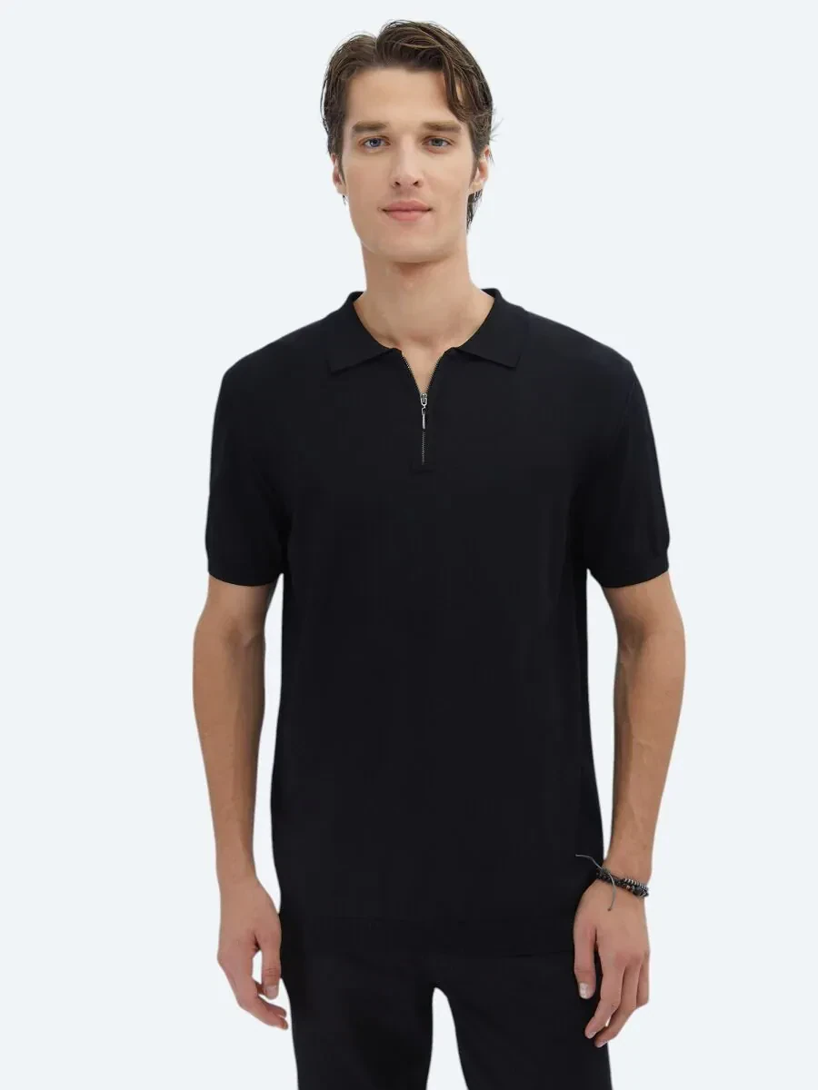 Siyah Polo Yaka Düz Örgü Triko - 1