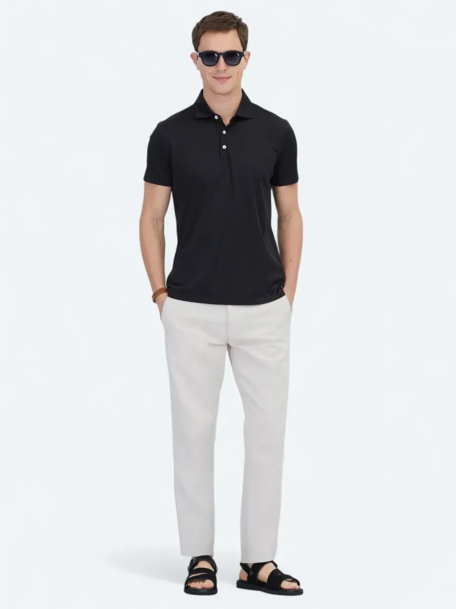 Siyah Polo Yaka Pamuk Karışımlı T-Shirt - 2