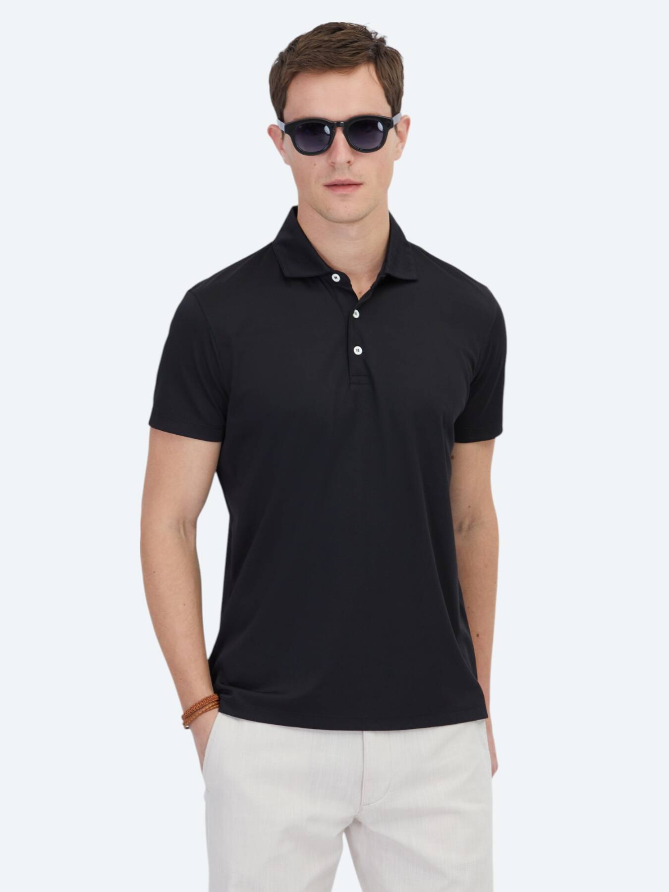 Siyah Polo Yaka Pamuk Karışımlı T-Shirt