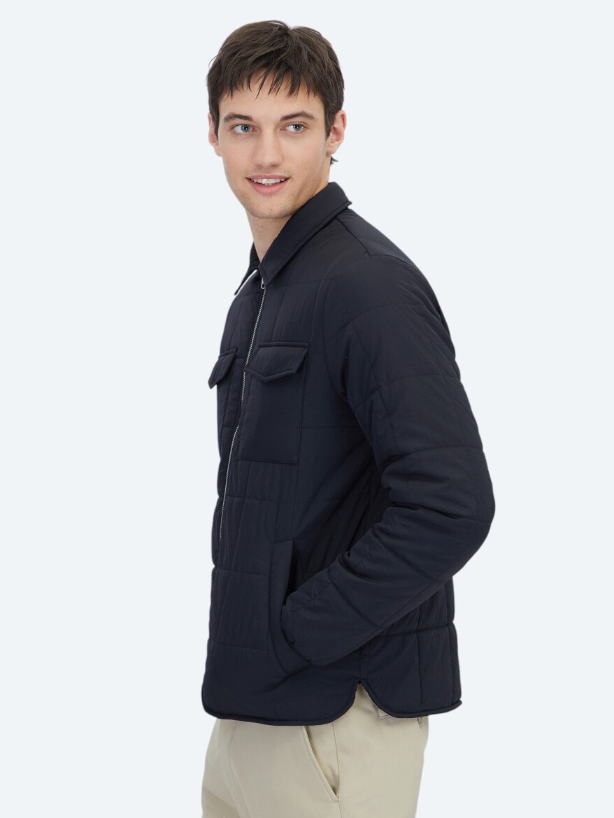 Siyah Regular Fit Bebe Yaka Casual Dokuma Mont - 3