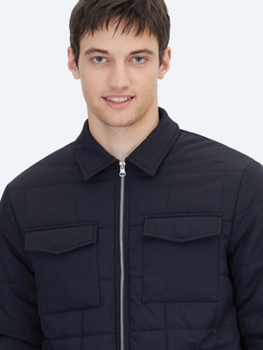 Siyah Regular Fit Bebe Yaka Casual Dokuma Mont - 4