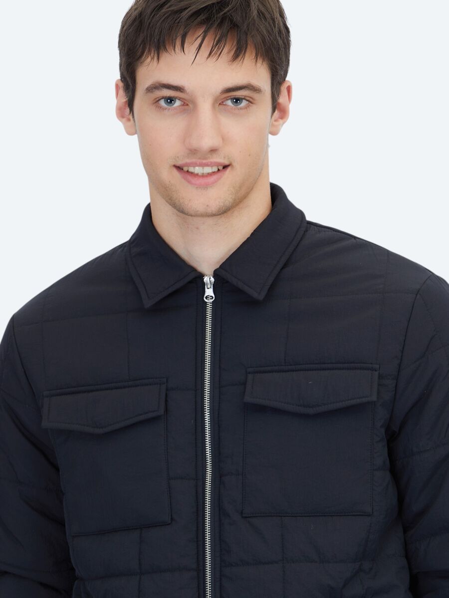 Siyah Regular Fit Bebe Yaka Casual Dokuma Mont - 4