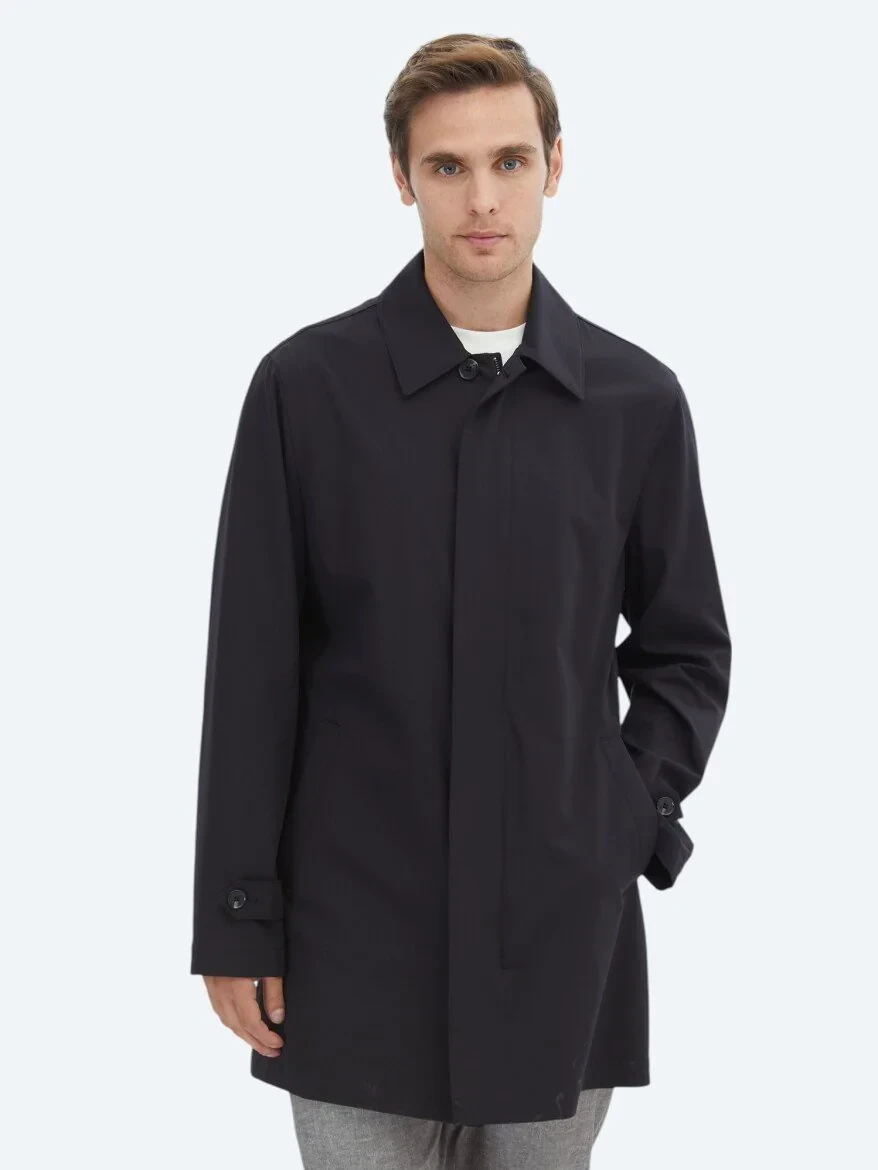 Siyah Regular Fit Bebe Yaka Casual Dokuma Pardesü - 1