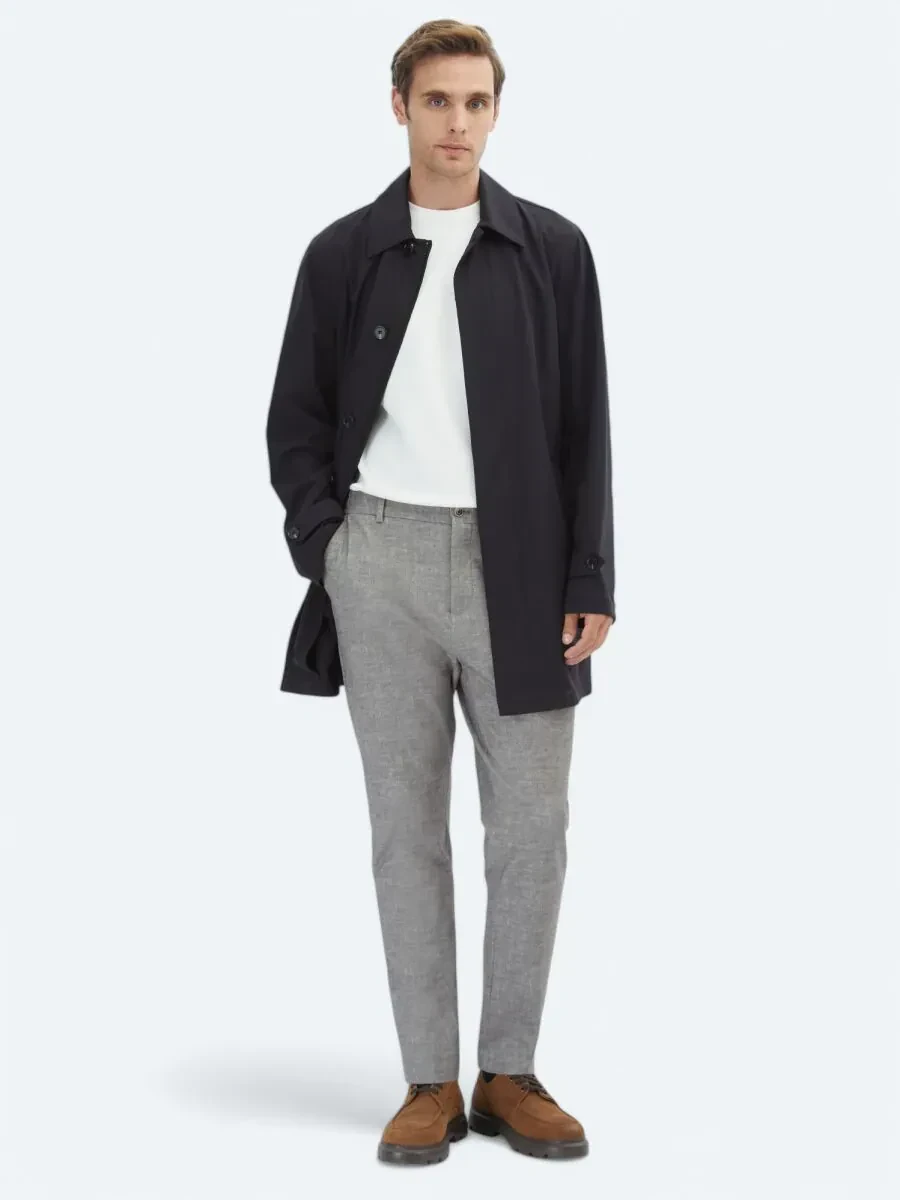 Siyah Regular Fit Bebe Yaka Casual Dokuma Pardesü - 2