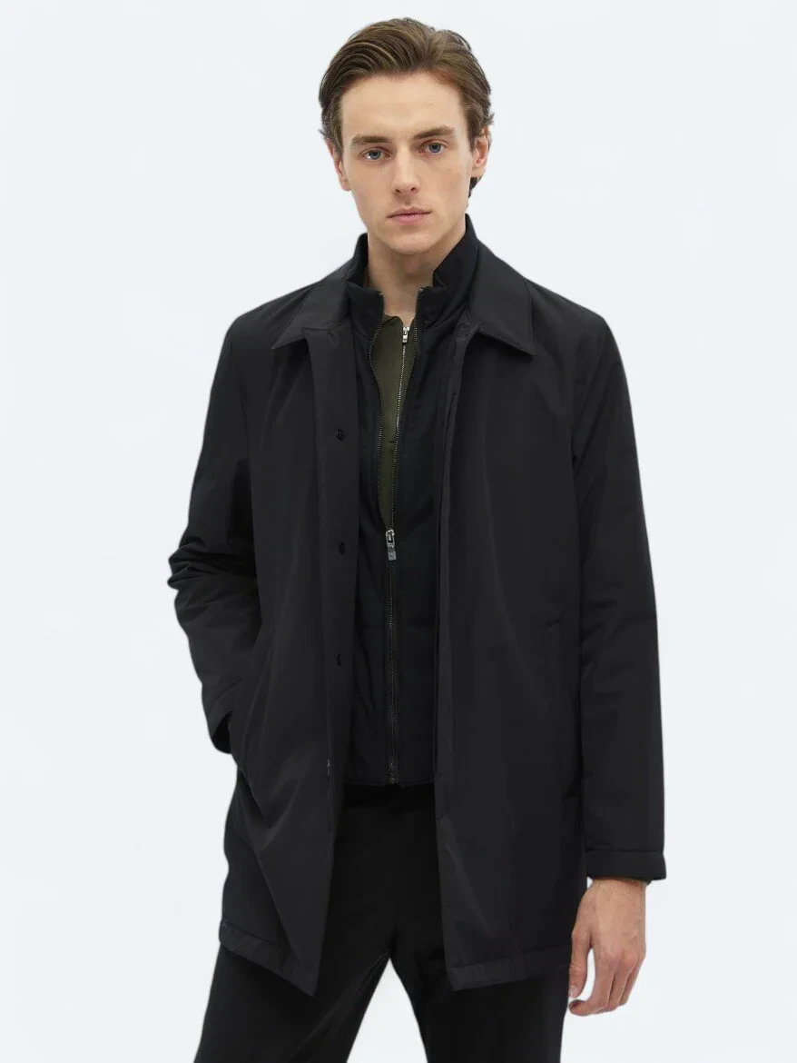 Siyah Regular Fit Bebe Yaka Casual Dokuma Pardesü - 1
