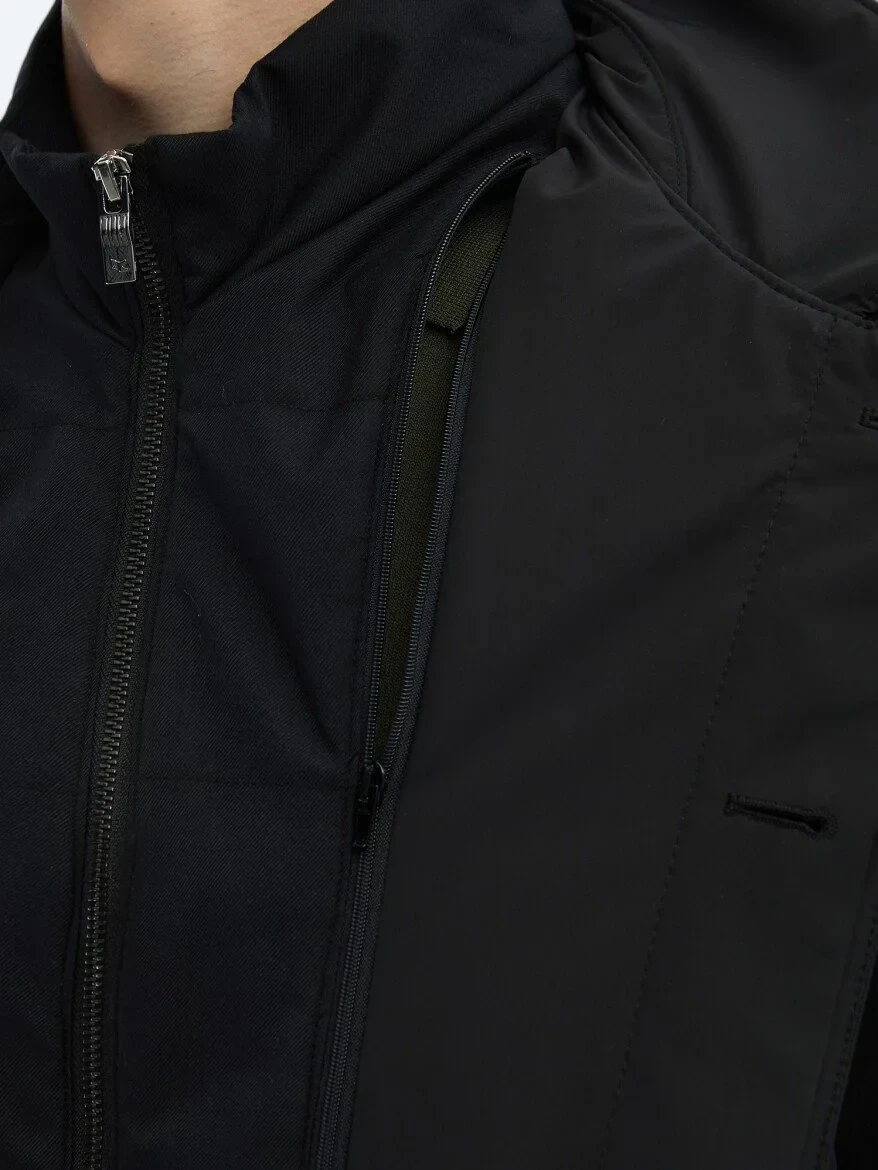 Siyah Regular Fit Bebe Yaka Casual Dokuma Pardesü - 6