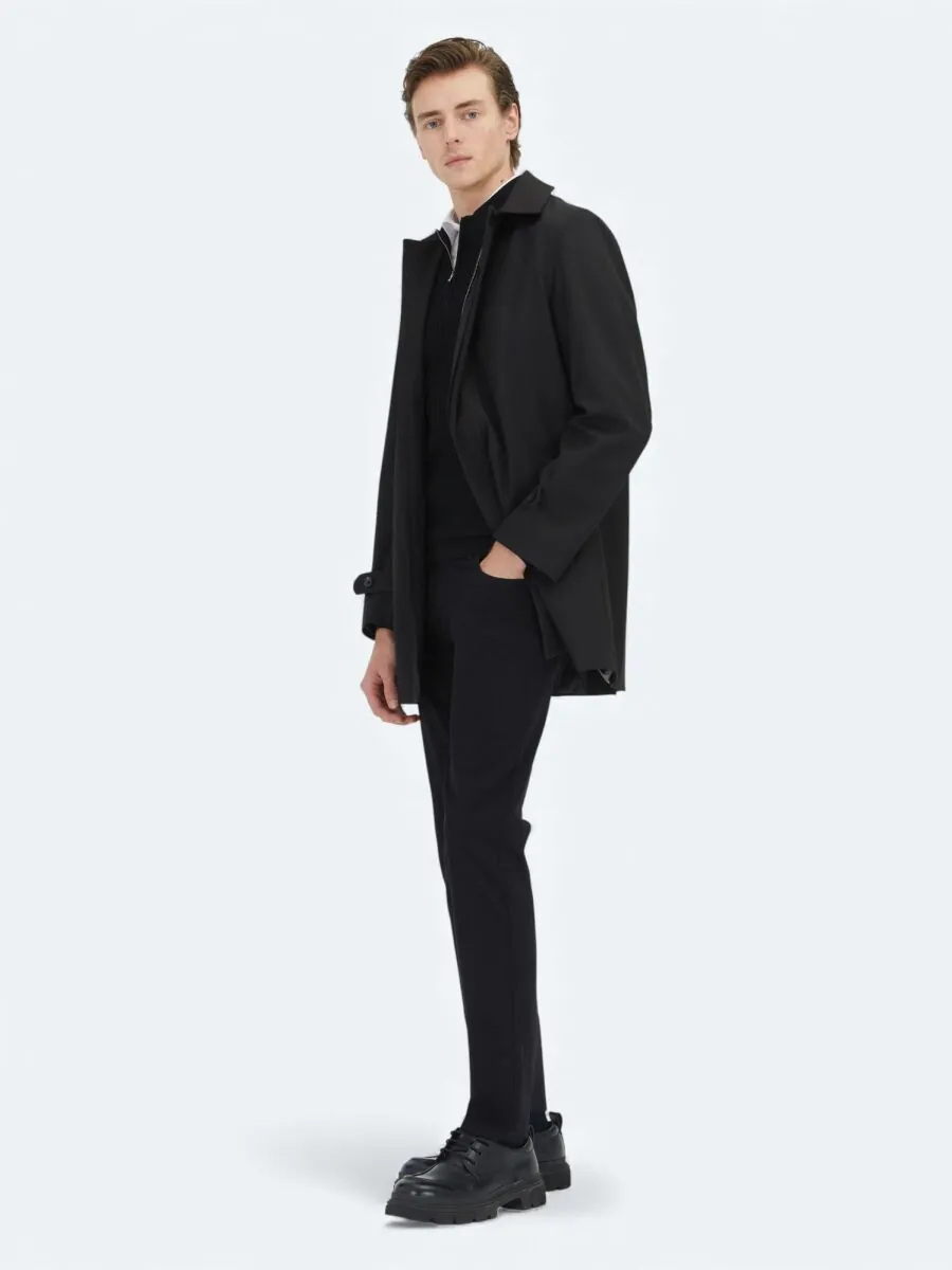 Siyah Regular Fit Bebe Yaka Casual Dokuma Pardesü - 2