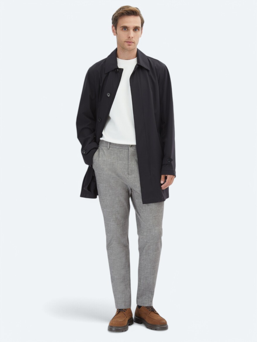 Siyah Regular Fit Bebe Yaka Casual Dokuma Pardösü - 2