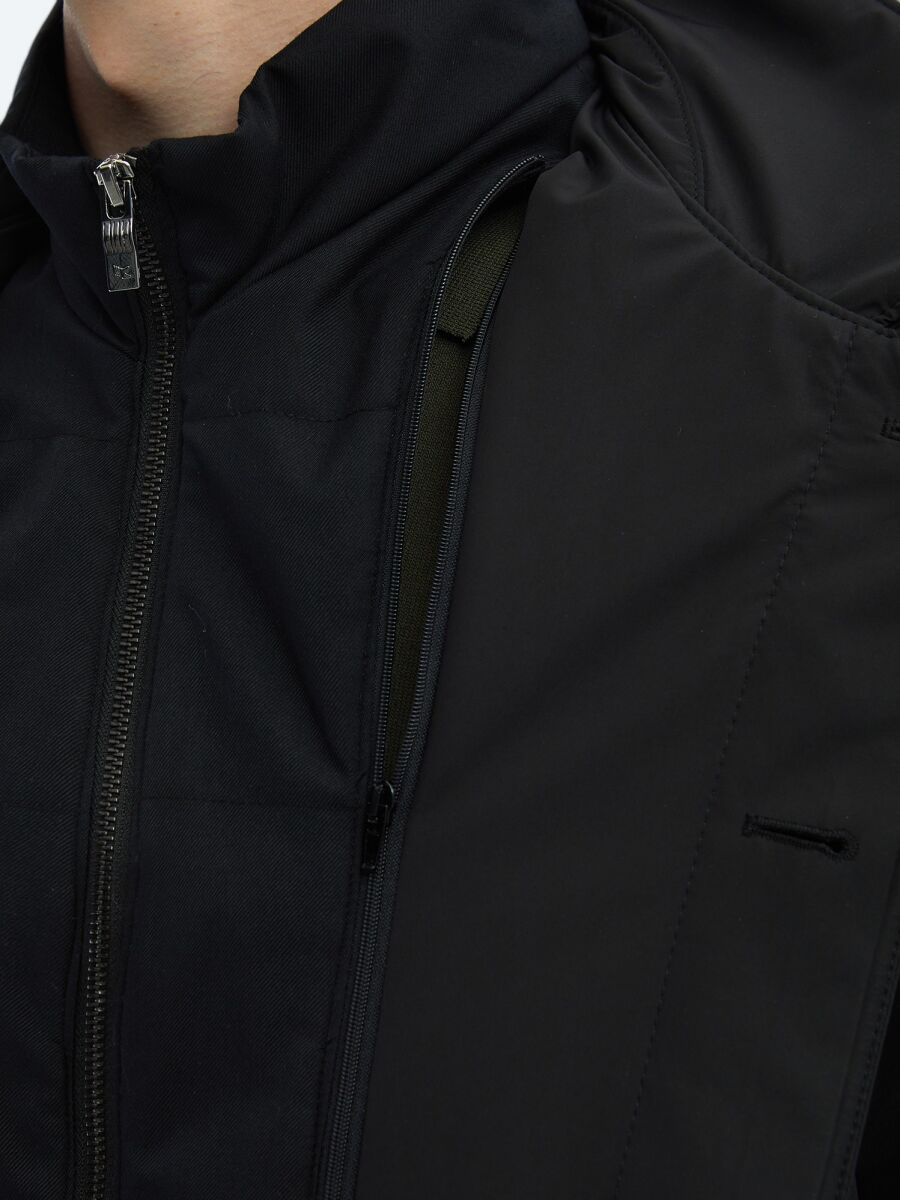 Siyah Regular Fit Bebe Yaka Casual Dokuma Pardösü - 6