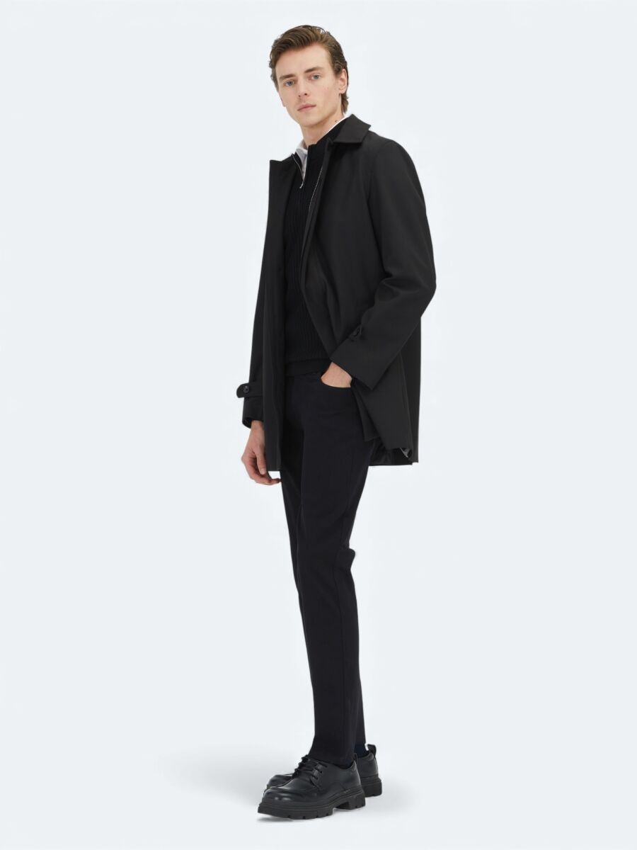 Siyah Regular Fit Bebe Yaka Casual Dokuma Pardösü - 2