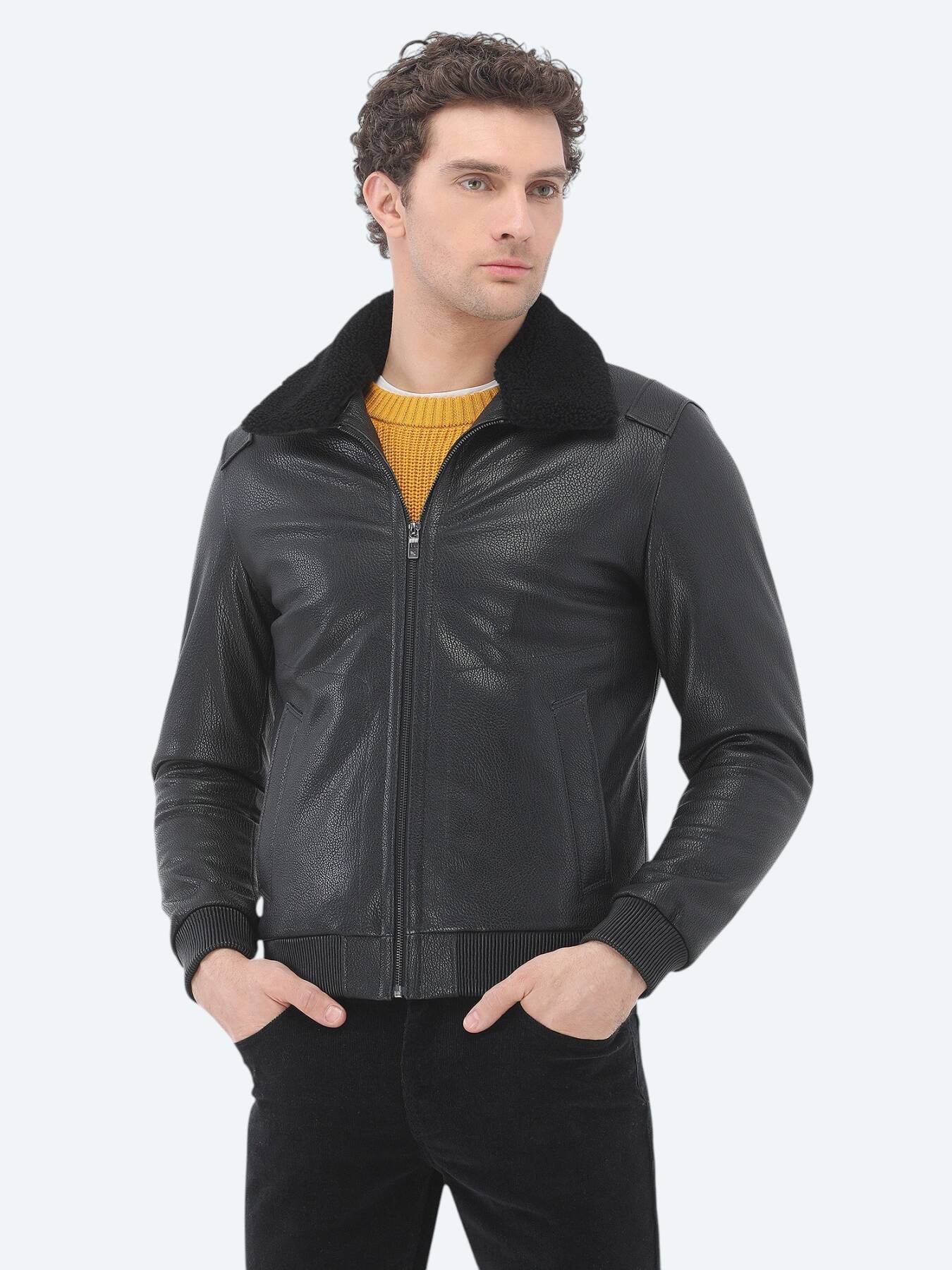 Siyah Regular Fit Bebe Yaka Smart Casual Koyun Derisi Deri Mont