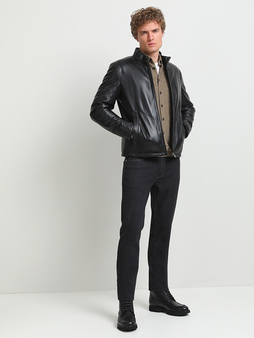 Siyah Regular Fit Casual Deri Deri Mont - 3