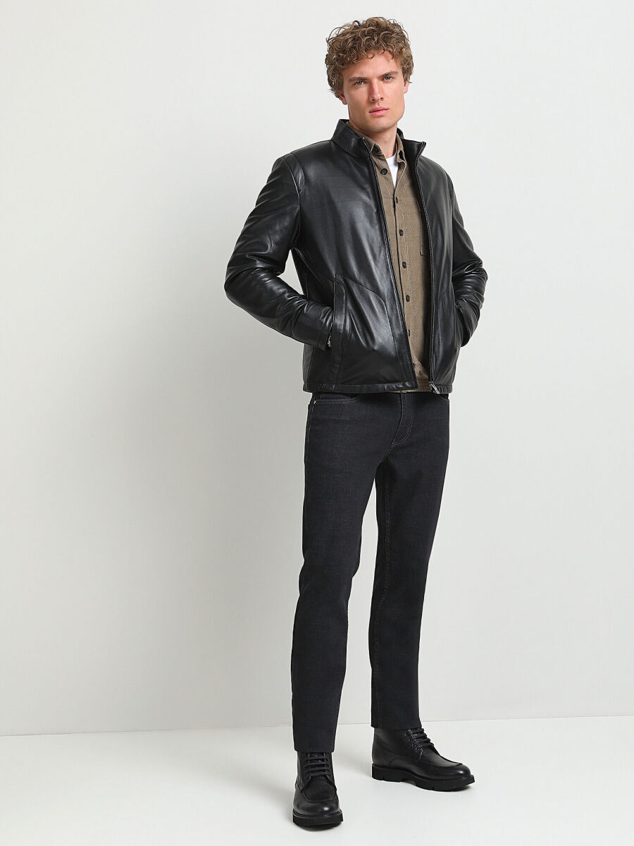 Siyah Regular Fit Casual Deri Deri Mont - 3