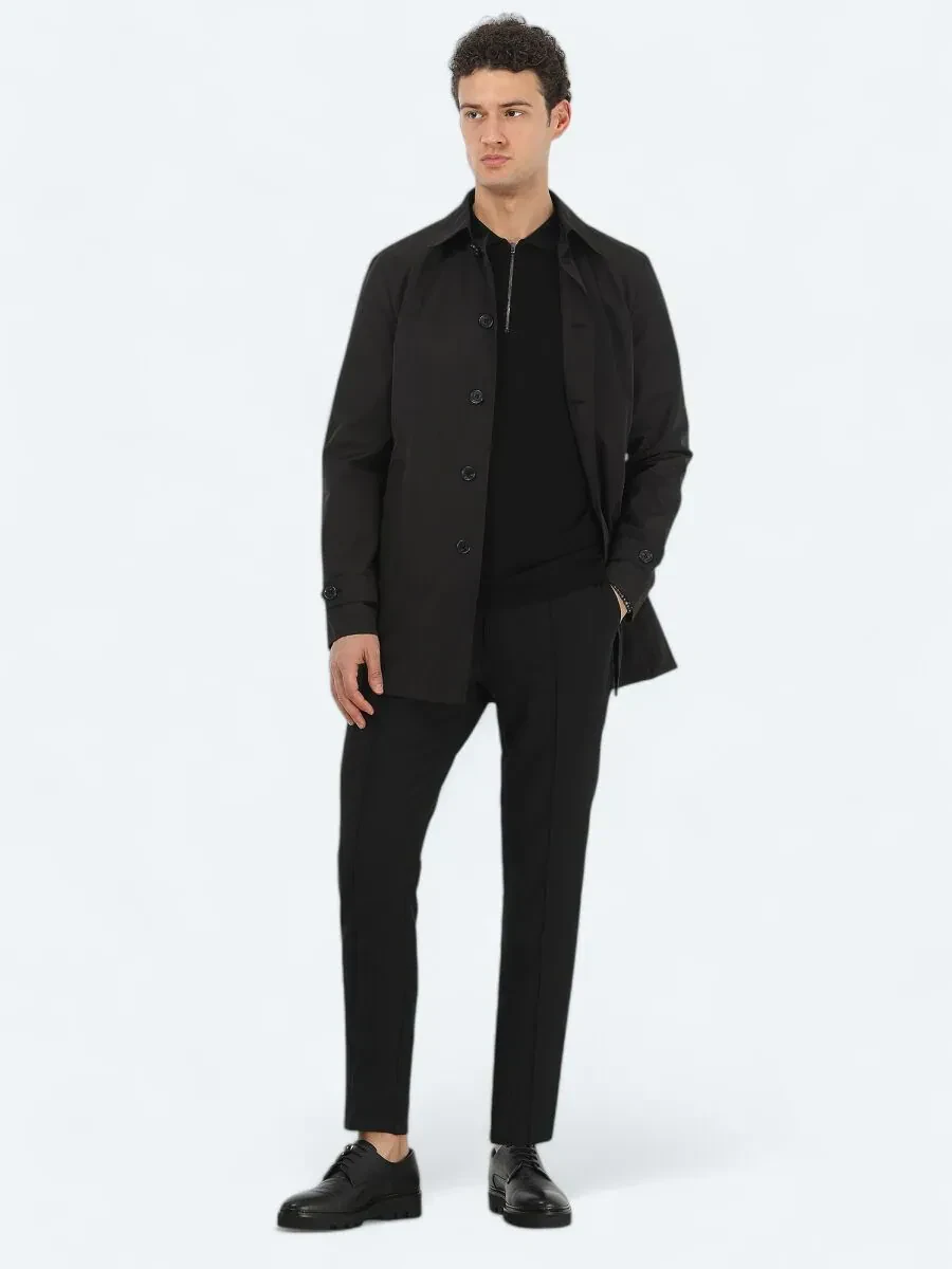 Siyah Regular Fit Casual Dokuma Pardesü - 2