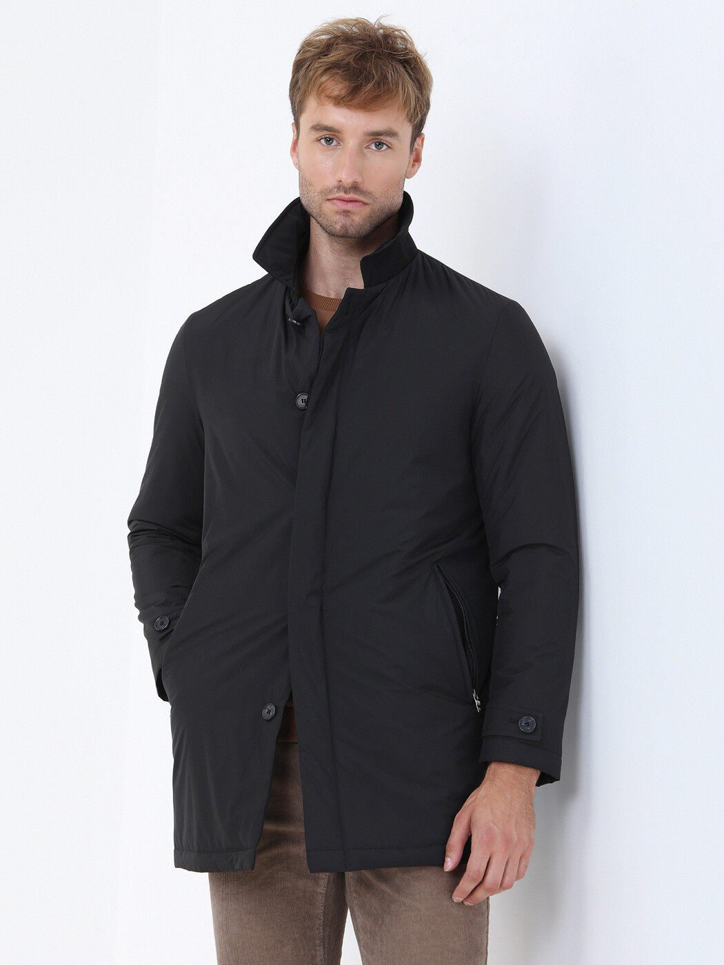 Siyah Regular Fit Casual Dokuma Pardösü - 1