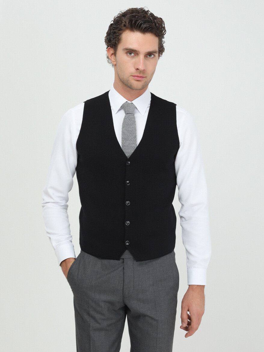 Siyah Regular Fit Casual Örme Triko Yelek - 2