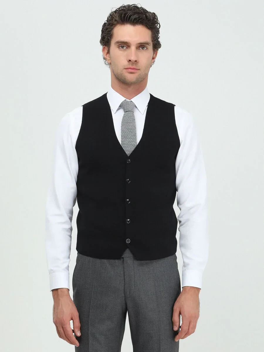 Siyah Regular Fit Casual Örme Triko Yelek - 1