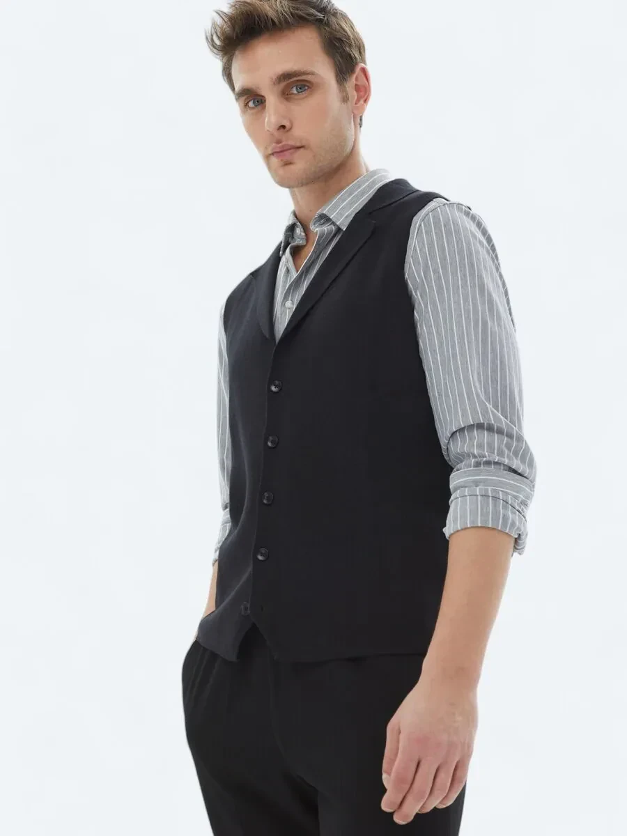 Siyah Regular Fit Casual Örme Triko Yelek - 1