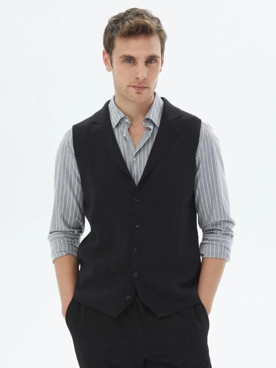 Siyah Regular Fit Casual Örme Triko Yelek - 4