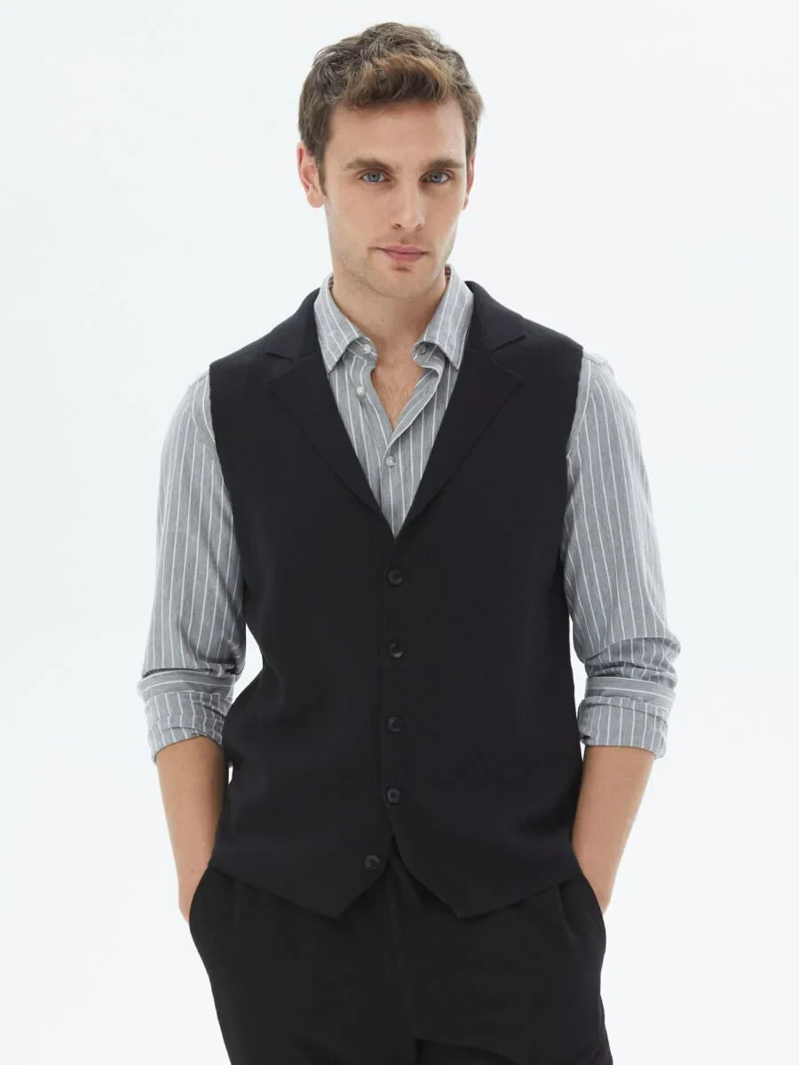 Siyah Regular Fit Casual Örme Triko Yelek - 4