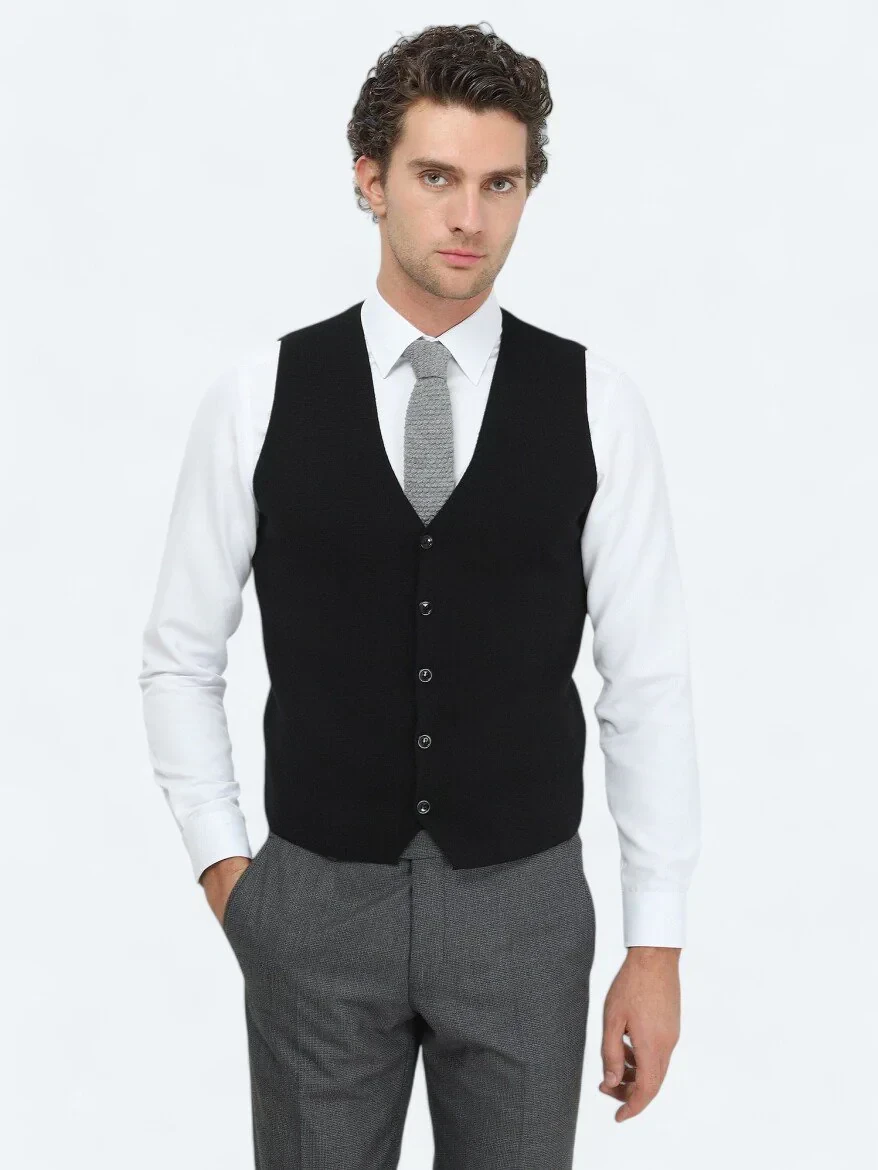 Siyah Regular Fit Casual Örme Triko Yelek - 1