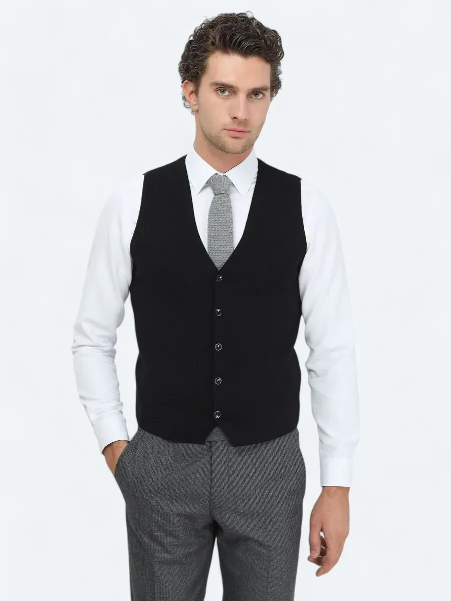 Siyah Regular Fit Casual Örme Triko Yelek - 1