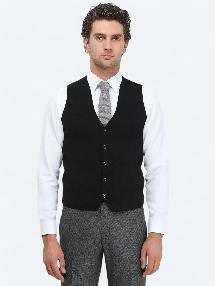 Siyah Regular Fit Casual Örme Triko Yelek - 2