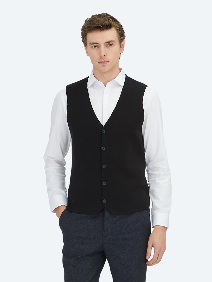 Siyah Regular Fit Casual Örme Triko Yelek - KİP