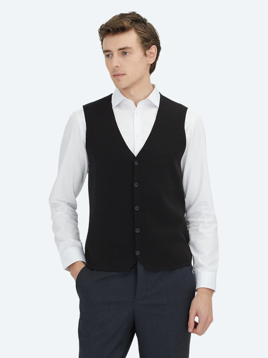 Siyah Regular Fit Casual Örme Triko Yelek - KİP