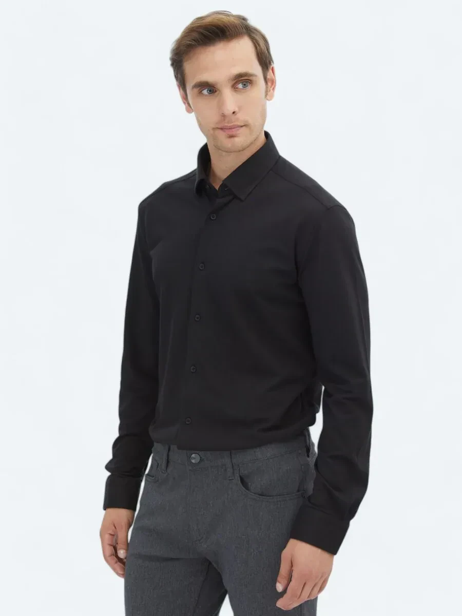 Siyah Regular Fit Casual Pamuk Karışımlı Gömlek - 1