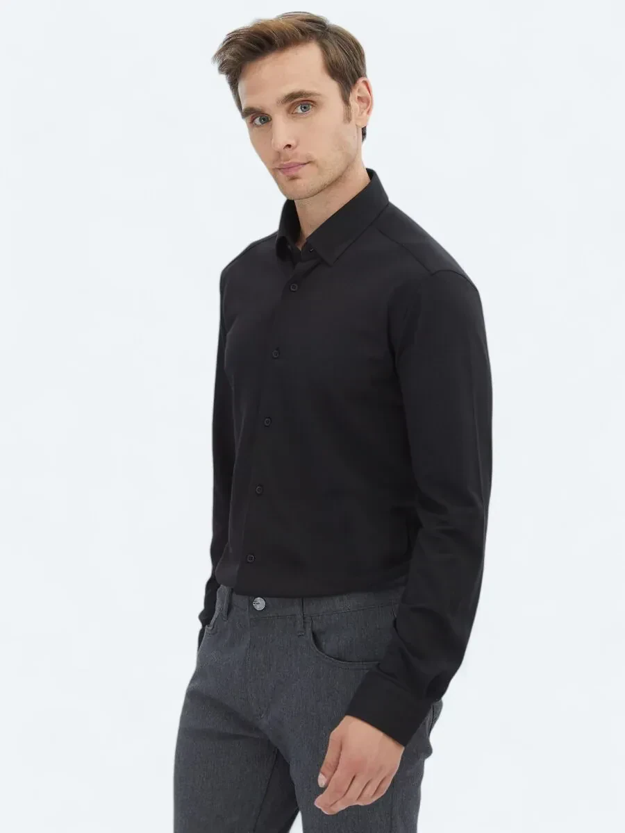 Siyah Regular Fit Casual Pamuk Karışımlı Gömlek - 3