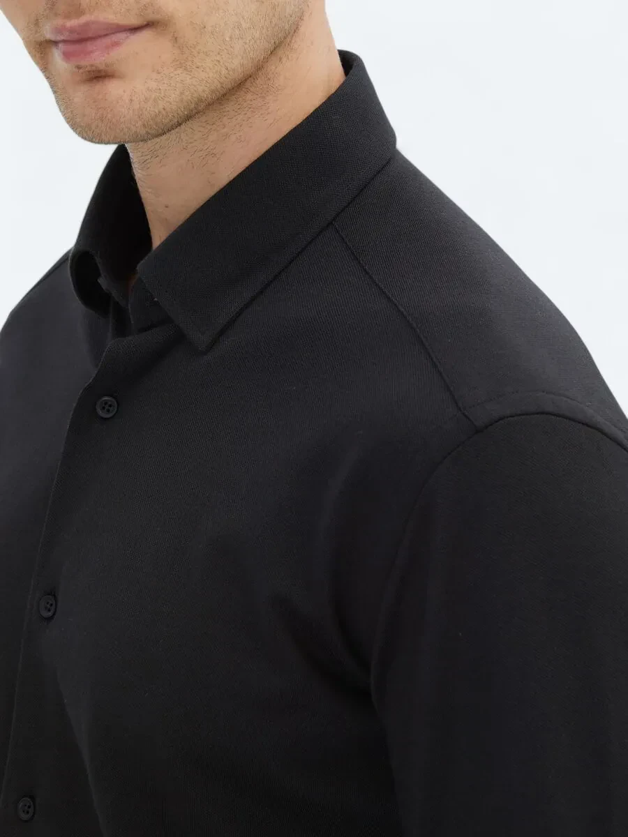 Siyah Regular Fit Casual Pamuk Karışımlı Gömlek - 5