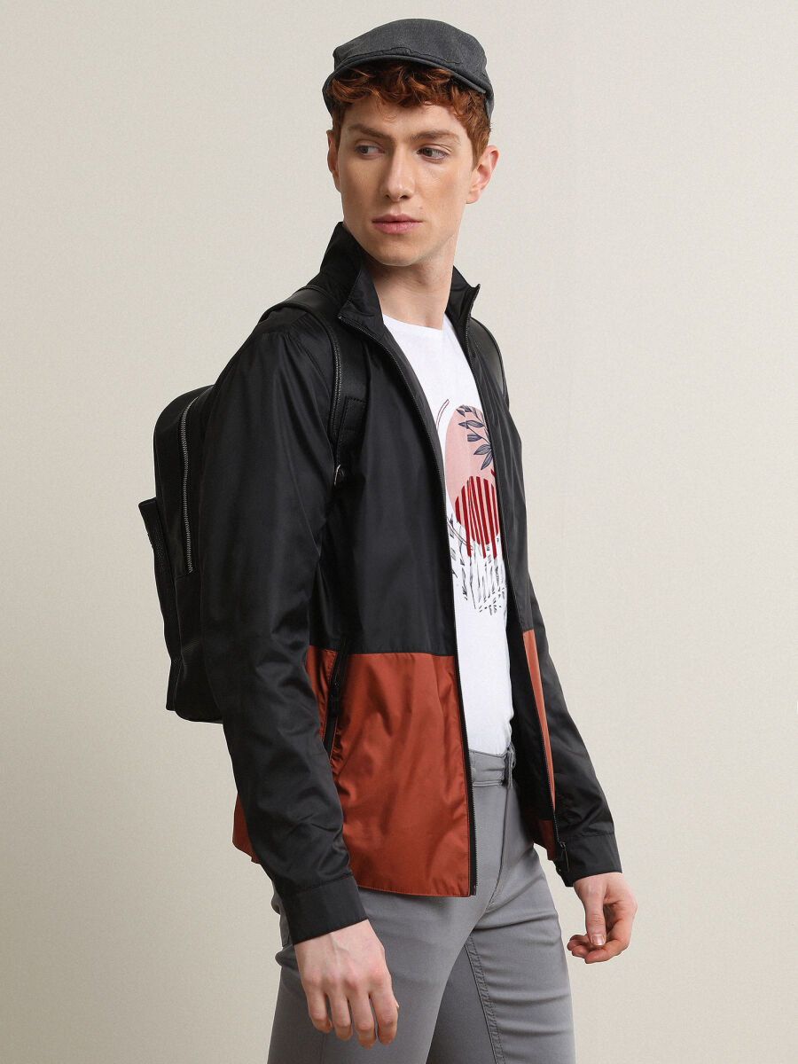 Siyah Regular Fit Dik Yaka Casual Dokuma Mont - 4